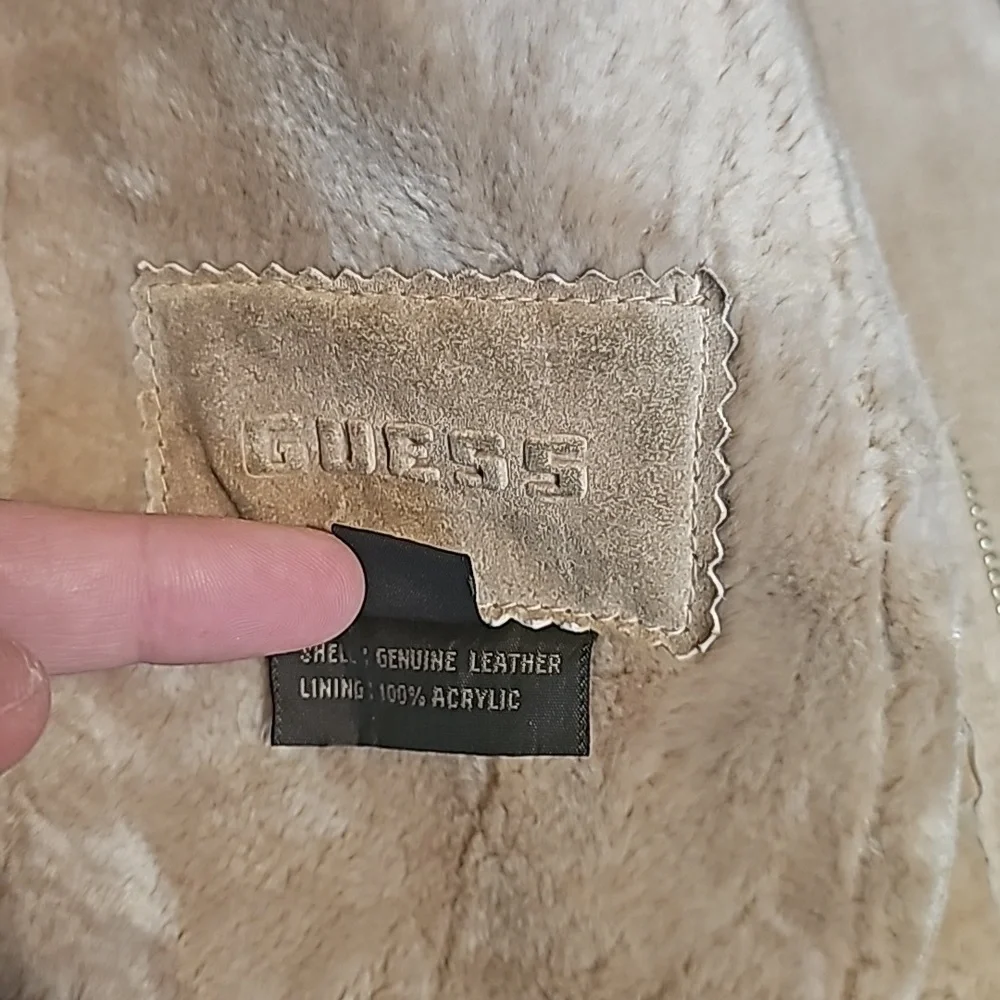 Vintage Y2K Guess Leather Jacket Patchwork Faux Sheepskin Fur Lined Tan Beige - Picture 12 of 13